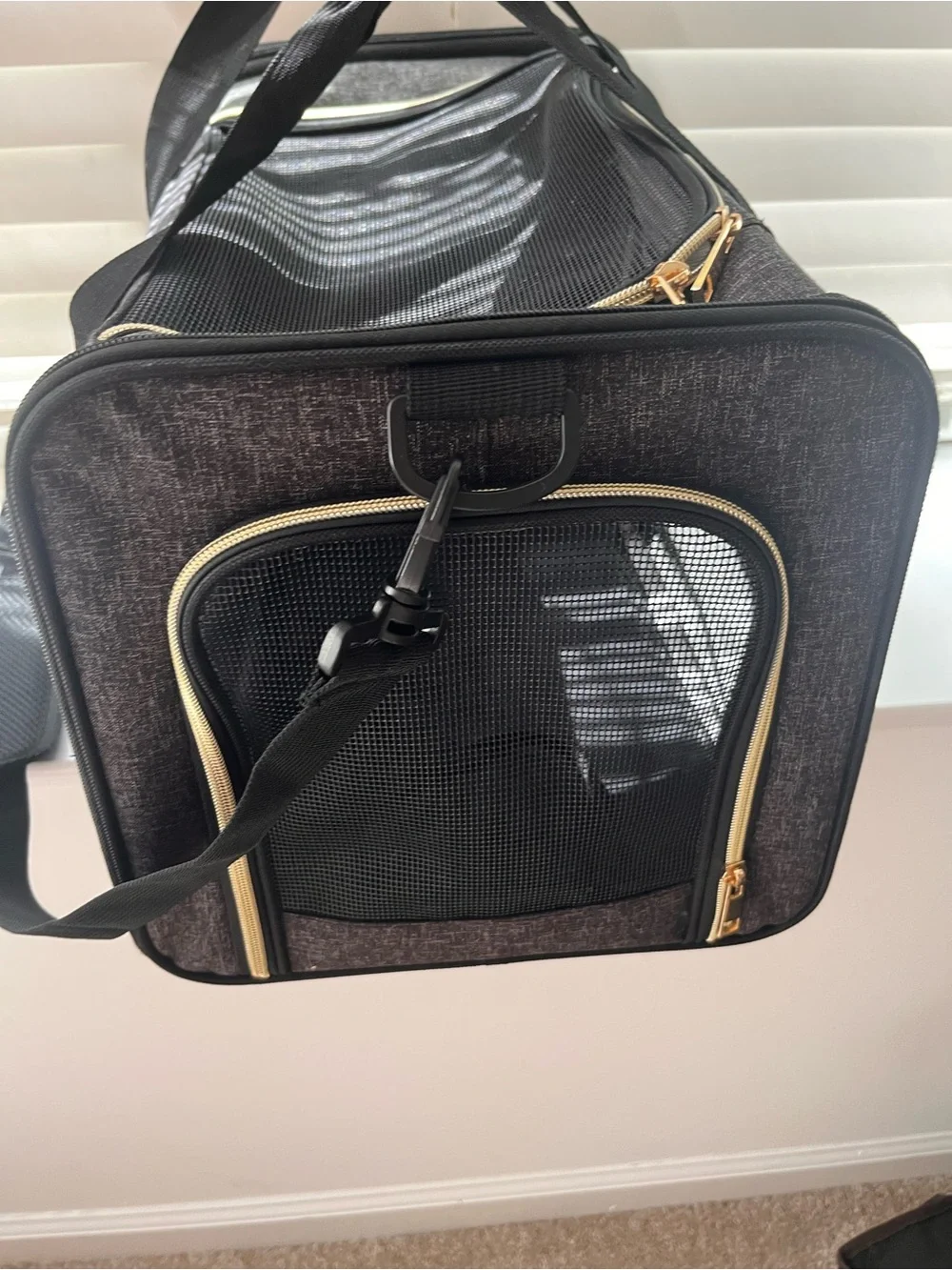 Small Pet Black and Gold Travel Carry Bag with Mesh Front